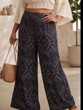 Palazzo Pants LG-XL Blue & Teal Paisley Pattern Flared Leg EUC